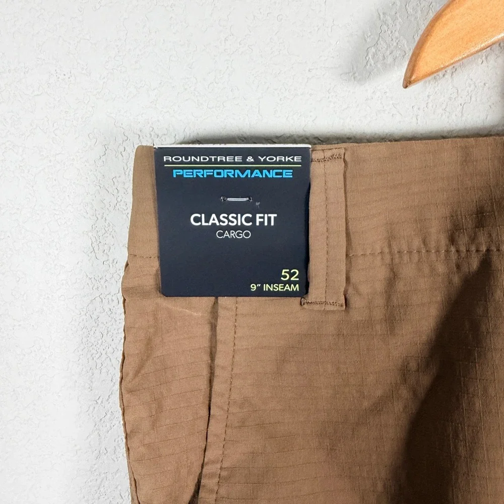 Roundtree & Yorke Performance Cargo Shorts Mens‎ 52 Brown Ripstop 9 Inseam NEW